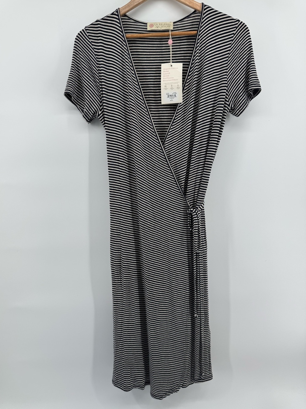 LA Relaxed Soft on the skin & soul Wrap StripeMidi Dress Sz S NWT Organic Cotton